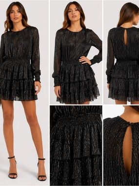 NWT Misa Black Silver Metallic Sheer Ruffle Party Cocktail Mini Dress Small